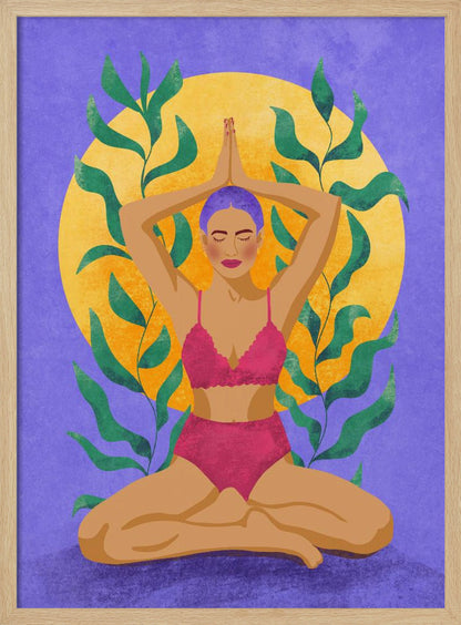 A colorful illustration of a woman with purple hair meditating in a yoga pose. She sits cross-legged with her hands pressed together above her head, wearing a pink lingerie set. Behind her is a large yellow sun against a purple background, framed by green leaves. Print