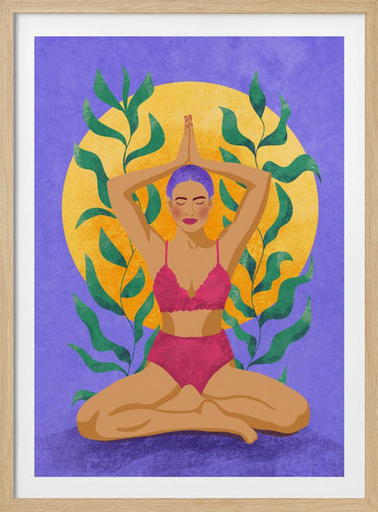 A colorful illustration of a woman with purple hair meditating in a yoga pose. She sits cross-legged with her hands pressed together above her head, wearing a pink lingerie set. Behind her is a large yellow sun against a purple background, framed by green leaves. Print