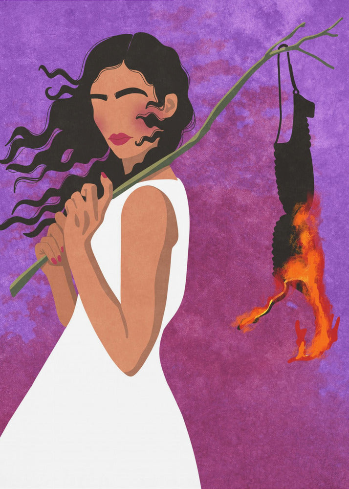 A graphic illustration of a woman with long, dark hair in a white dress, set against a vibrant purple background. She holds a branch over her shoulder from which a black object, possibly a bra, hangs and burns with bright orange flames. Artwork