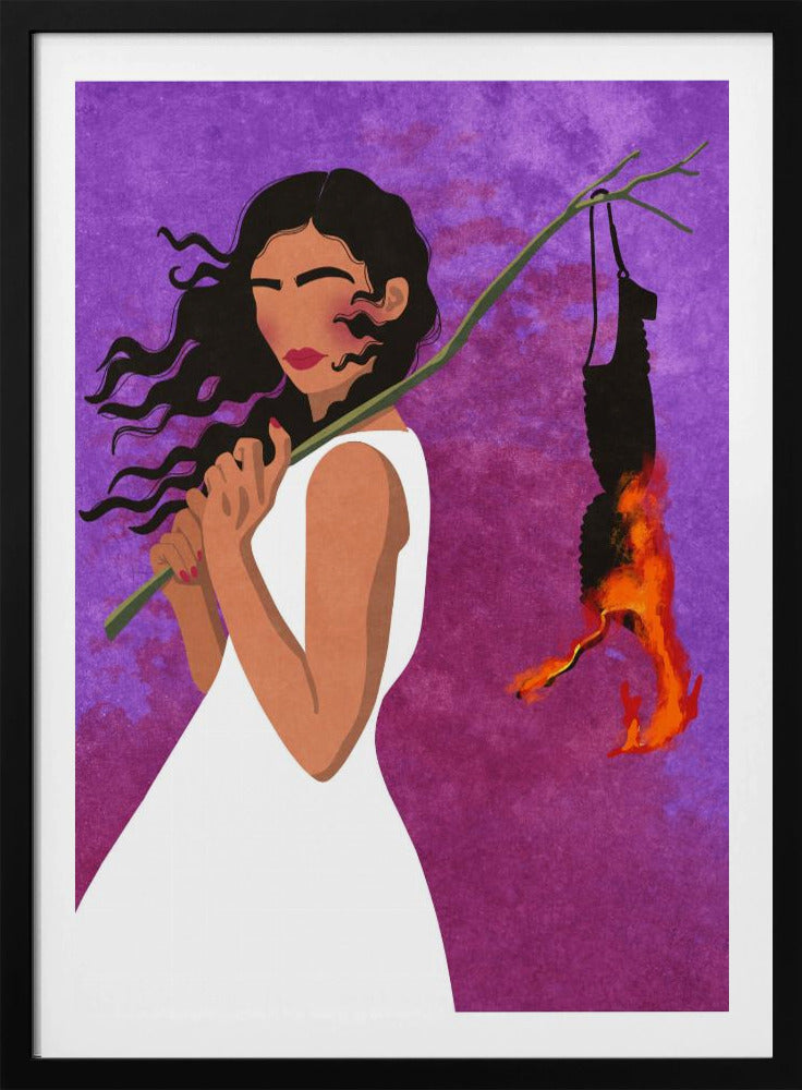 A graphic illustration of a woman with long, dark hair in a white dress, set against a vibrant purple background. She holds a branch over her shoulder from which a black object, possibly a bra, hangs and burns with bright orange flames. Artwork