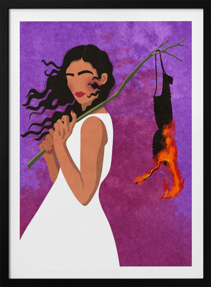 A graphic illustration of a woman with long, dark hair in a white dress, set against a vibrant purple background. She holds a branch over her shoulder from which a black object, possibly a bra, hangs and burns with bright orange flames. Artwork