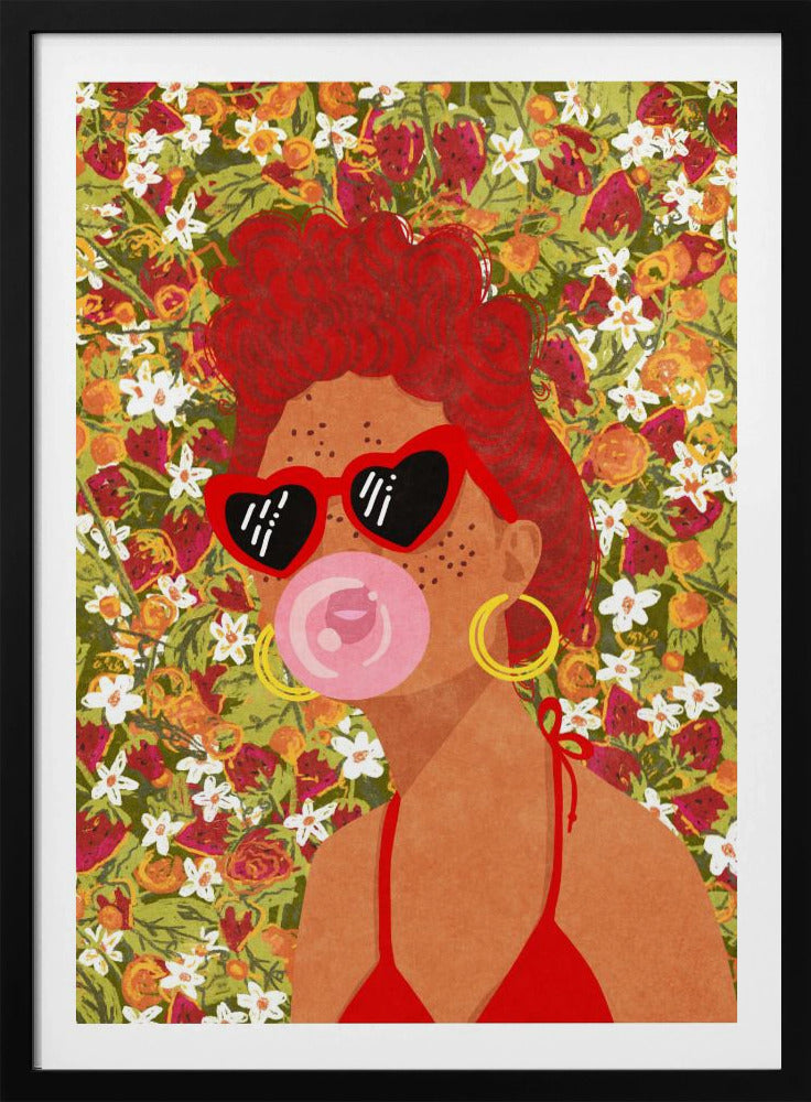 A vibrant pop art illustration of a woman with curly red hair, wearing red heart-shaped sunglasses and a matching bikini. She is blowing a pink bubblegum bubble against a busy background of strawberries and white flowers. Poster