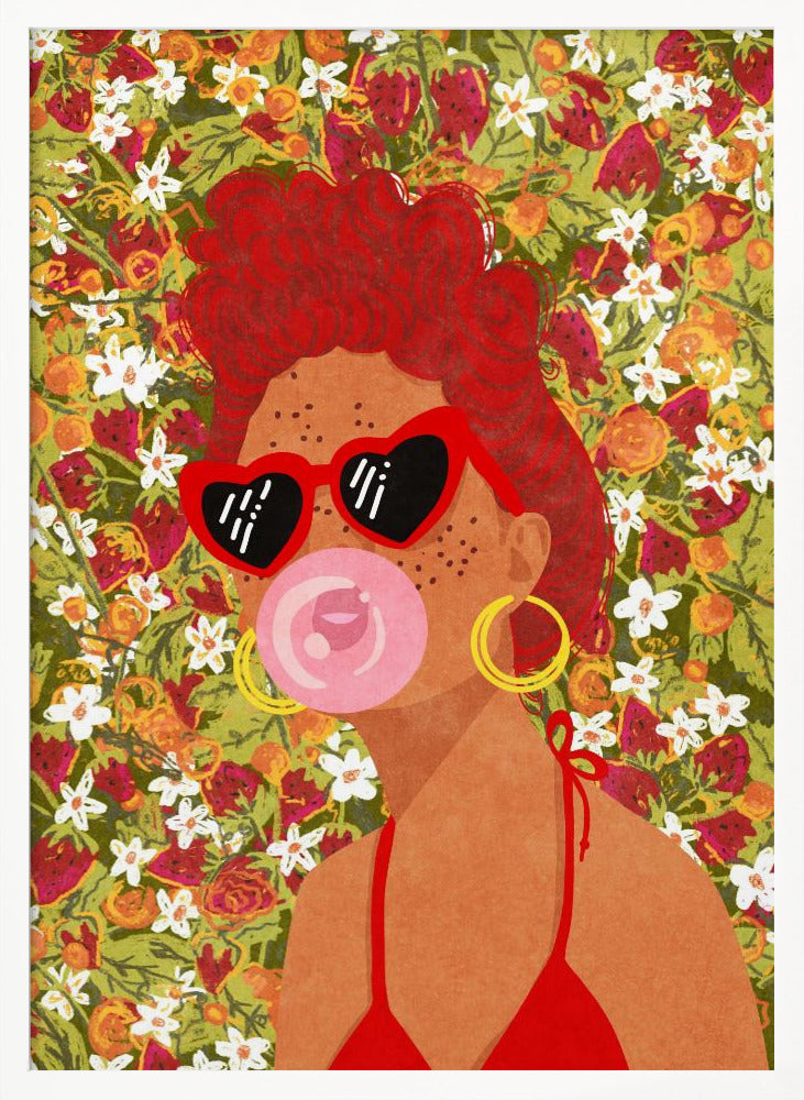 A vibrant pop art illustration of a woman with curly red hair, wearing red heart-shaped sunglasses and a matching bikini. She is blowing a pink bubblegum bubble against a busy background of strawberries and white flowers. Poster
