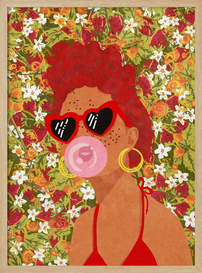 A vibrant pop art illustration of a woman with curly red hair, wearing red heart-shaped sunglasses and a matching bikini. She is blowing a pink bubblegum bubble against a busy background of strawberries and white flowers. Poster
