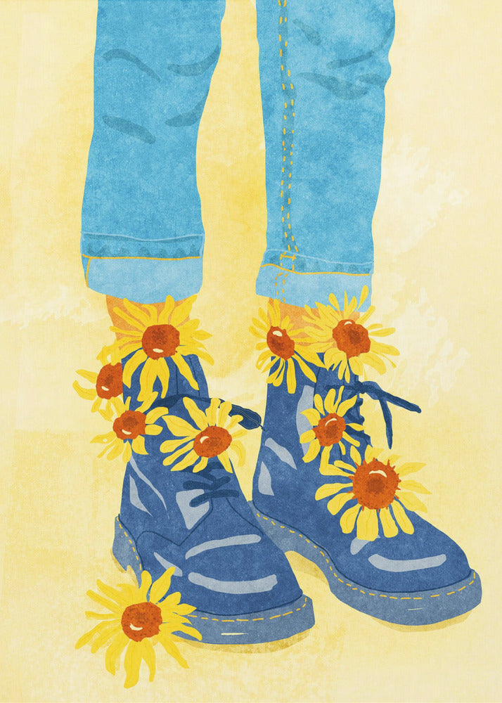 An illustration of a person's lower legs and feet wearing cuffed blue jeans and blue combat boots against a pale yellow background. Bright yellow and orange sunflowers are blooming out of the boots and laces. Poster