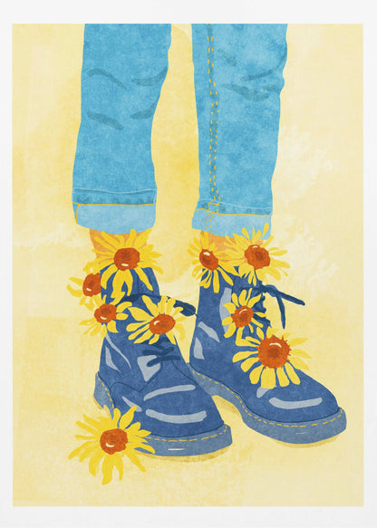 An illustration of a person's lower legs and feet wearing cuffed blue jeans and blue combat boots against a pale yellow background. Bright yellow and orange sunflowers are blooming out of the boots and laces. Poster