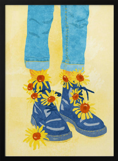 An illustration of a person's lower legs and feet wearing cuffed blue jeans and blue combat boots against a pale yellow background. Bright yellow and orange sunflowers are blooming out of the boots and laces. Poster