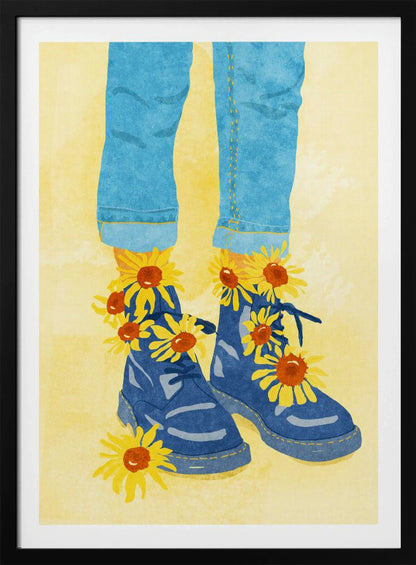An illustration of a person's lower legs and feet wearing cuffed blue jeans and blue combat boots against a pale yellow background. Bright yellow and orange sunflowers are blooming out of the boots and laces. Poster