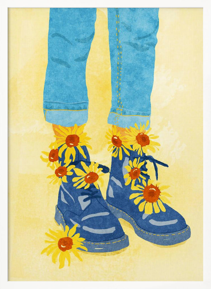 An illustration of a person's lower legs and feet wearing cuffed blue jeans and blue combat boots against a pale yellow background. Bright yellow and orange sunflowers are blooming out of the boots and laces. Poster