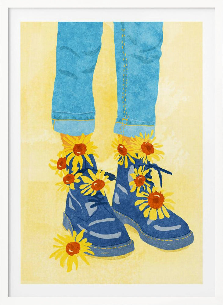 An illustration of a person's lower legs and feet wearing cuffed blue jeans and blue combat boots against a pale yellow background. Bright yellow and orange sunflowers are blooming out of the boots and laces. Poster