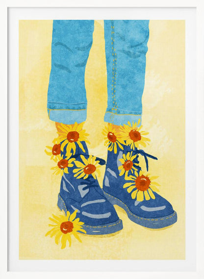 An illustration of a person's lower legs and feet wearing cuffed blue jeans and blue combat boots against a pale yellow background. Bright yellow and orange sunflowers are blooming out of the boots and laces. Poster