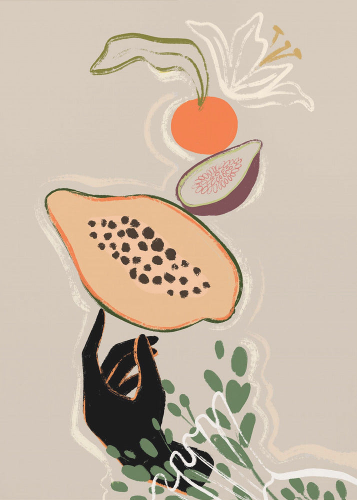 A modern illustration of a black hand balancing a sliced papaya. Above it floats a fig, an orange, and a white lily, with green leaves below, all set against a neutral beige background. Print