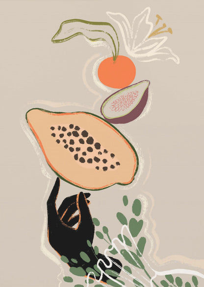A modern illustration of a black hand balancing a sliced papaya. Above it floats a fig, an orange, and a white lily, with green leaves below, all set against a neutral beige background. Print