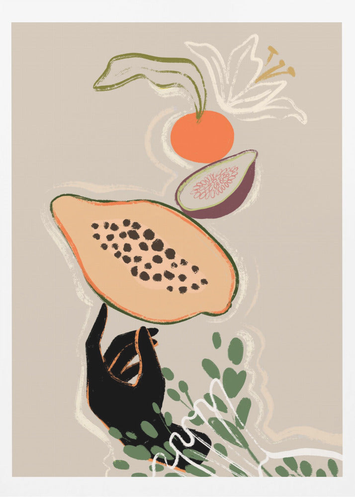 A modern illustration of a black hand balancing a sliced papaya. Above it floats a fig, an orange, and a white lily, with green leaves below, all set against a neutral beige background. Print
