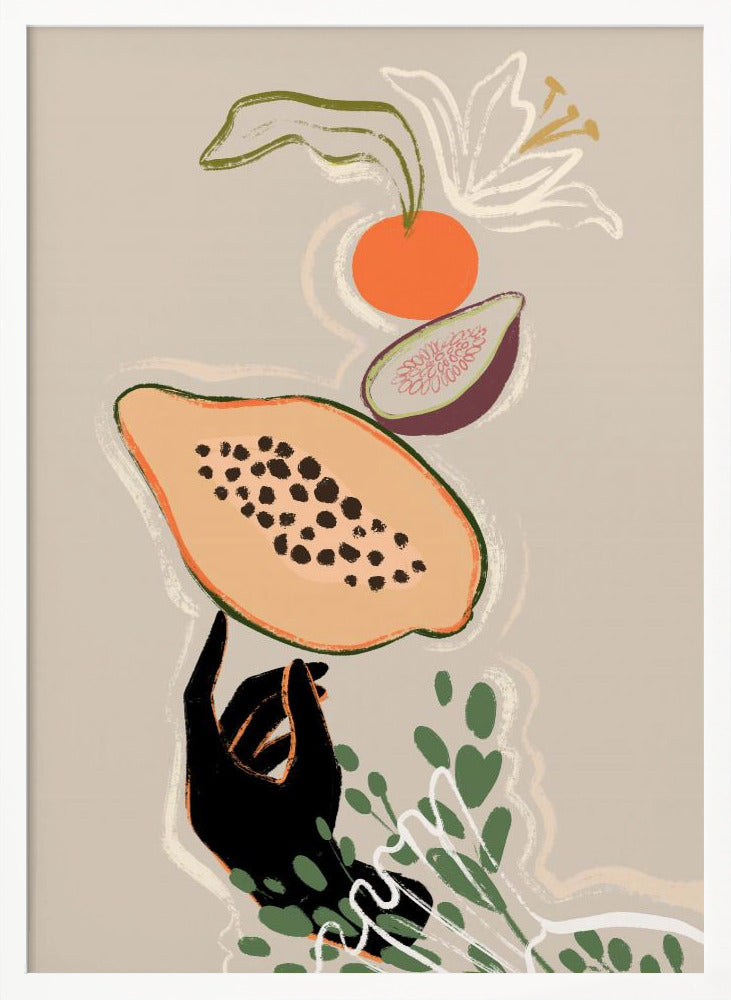 A modern illustration of a black hand balancing a sliced papaya. Above it floats a fig, an orange, and a white lily, with green leaves below, all set against a neutral beige background. Print