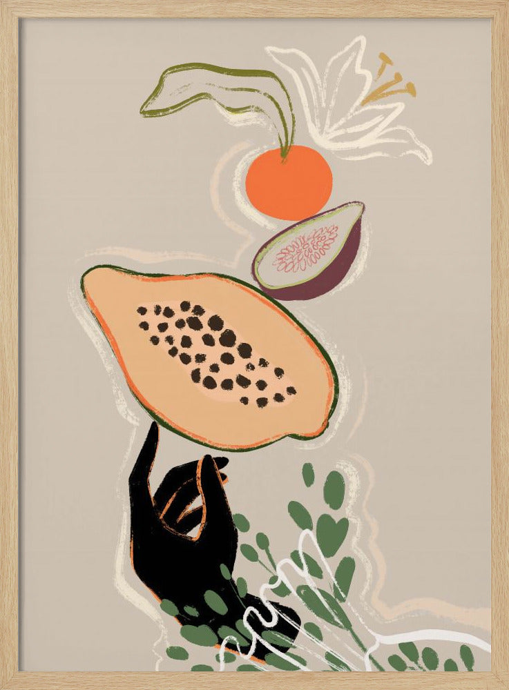 A modern illustration of a black hand balancing a sliced papaya. Above it floats a fig, an orange, and a white lily, with green leaves below, all set against a neutral beige background. Print
