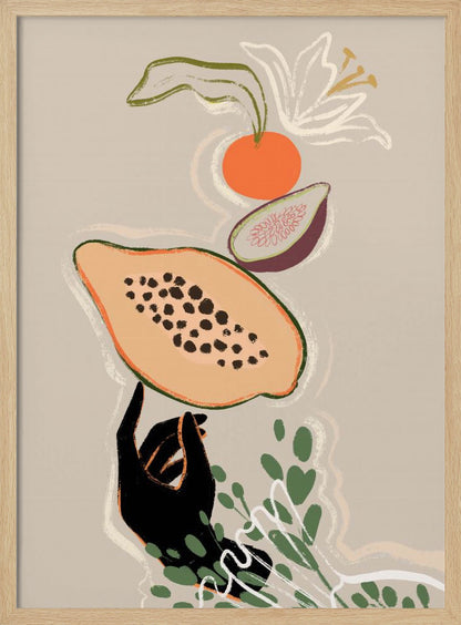 A modern illustration of a black hand balancing a sliced papaya. Above it floats a fig, an orange, and a white lily, with green leaves below, all set against a neutral beige background. Print