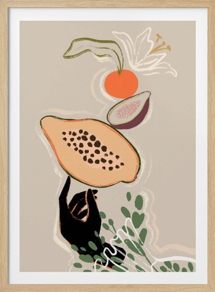 A modern illustration of a black hand balancing a sliced papaya. Above it floats a fig, an orange, and a white lily, with green leaves below, all set against a neutral beige background. Print