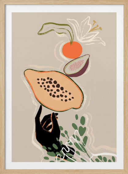A modern illustration of a black hand balancing a sliced papaya. Above it floats a fig, an orange, and a white lily, with green leaves below, all set against a neutral beige background. Print