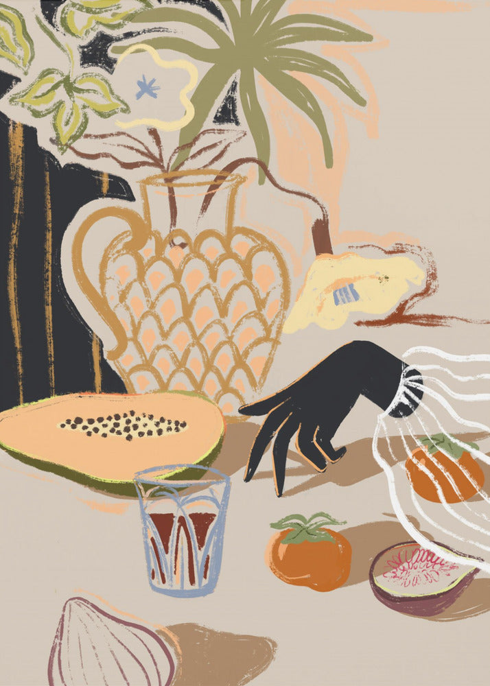 A modern, painterly still life illustration featuring a collection of objects on a beige tabletop. A patterned pitcher holds flowers and a palm frond, while a sliced papaya, a glass of red liquid, a persimmon, a fig, and an onion are arranged in the foreground. A stylized black hand with a white ruffled cuff reaches in from the right. Decor