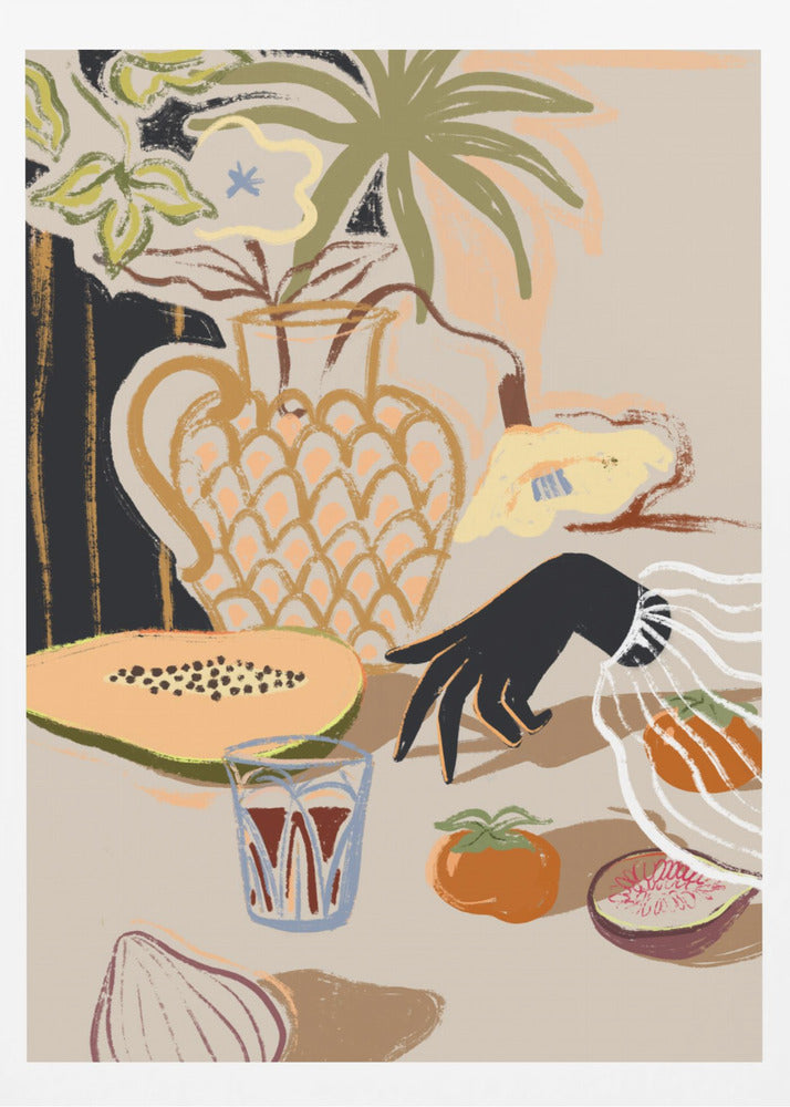 A modern, painterly still life illustration featuring a collection of objects on a beige tabletop. A patterned pitcher holds flowers and a palm frond, while a sliced papaya, a glass of red liquid, a persimmon, a fig, and an onion are arranged in the foreground. A stylized black hand with a white ruffled cuff reaches in from the right. Decor