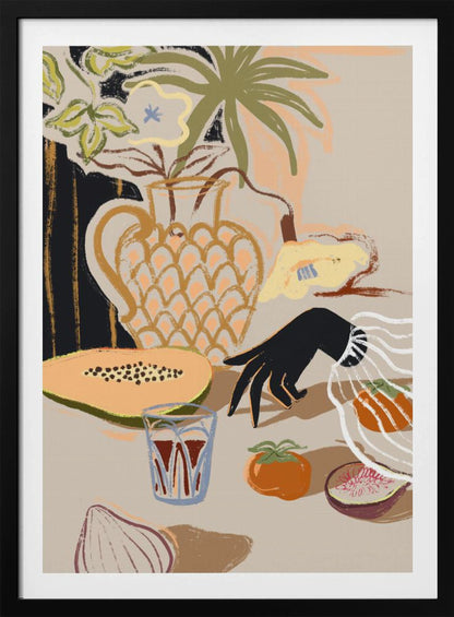 A modern, painterly still life illustration featuring a collection of objects on a beige tabletop. A patterned pitcher holds flowers and a palm frond, while a sliced papaya, a glass of red liquid, a persimmon, a fig, and an onion are arranged in the foreground. A stylized black hand with a white ruffled cuff reaches in from the right. Decor