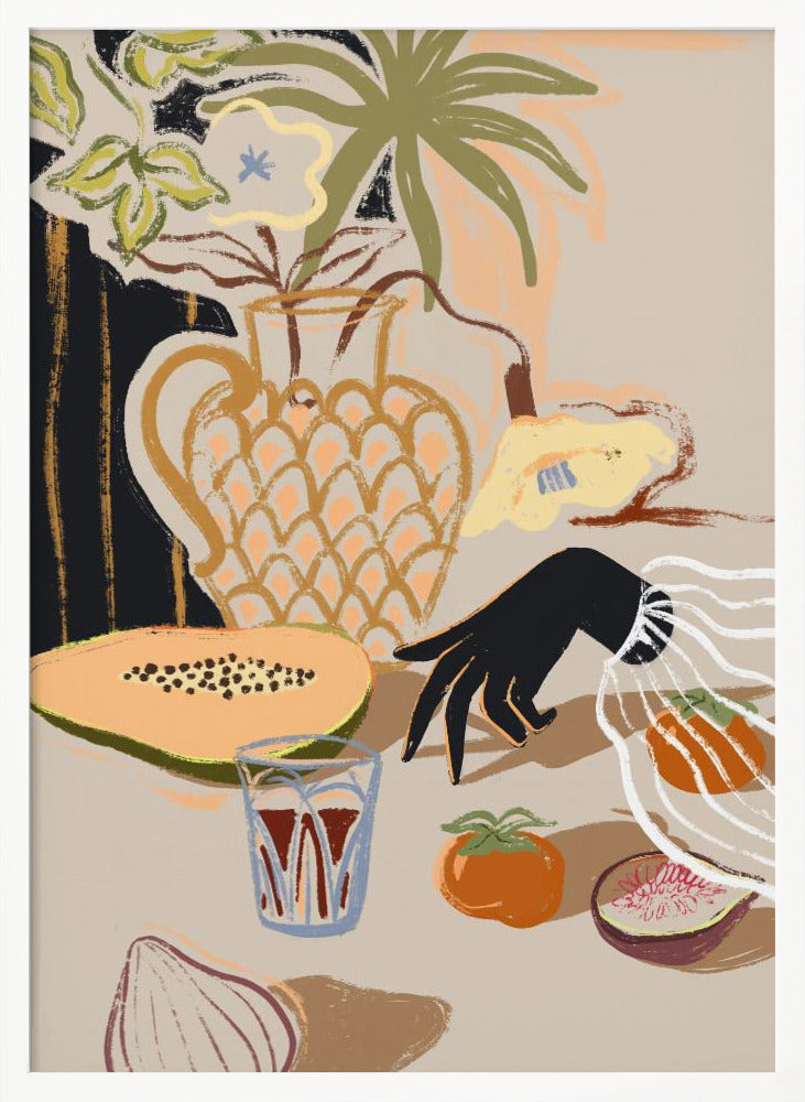 A modern, painterly still life illustration featuring a collection of objects on a beige tabletop. A patterned pitcher holds flowers and a palm frond, while a sliced papaya, a glass of red liquid, a persimmon, a fig, and an onion are arranged in the foreground. A stylized black hand with a white ruffled cuff reaches in from the right. Decor