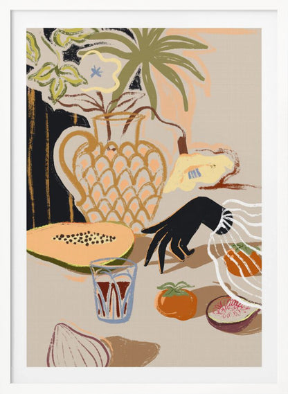 A modern, painterly still life illustration featuring a collection of objects on a beige tabletop. A patterned pitcher holds flowers and a palm frond, while a sliced papaya, a glass of red liquid, a persimmon, a fig, and an onion are arranged in the foreground. A stylized black hand with a white ruffled cuff reaches in from the right. Decor