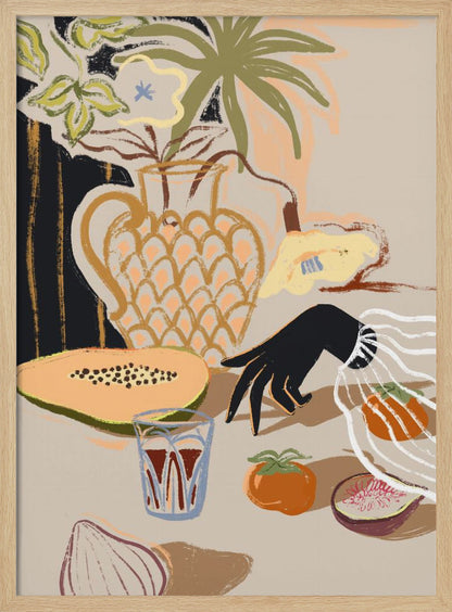 A modern, painterly still life illustration featuring a collection of objects on a beige tabletop. A patterned pitcher holds flowers and a palm frond, while a sliced papaya, a glass of red liquid, a persimmon, a fig, and an onion are arranged in the foreground. A stylized black hand with a white ruffled cuff reaches in from the right. Decor