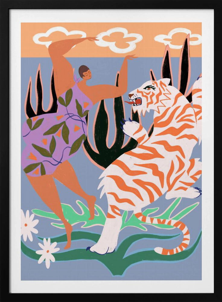 A stylized, colorful illustration depicting a woman in a purple, leaf-patterned dress dancing joyfully with a fierce white and orange tiger in a whimsical jungle setting. The background is light blue with large dark plants, and a peach-colored sky with white clouds is visible at the top. Decor