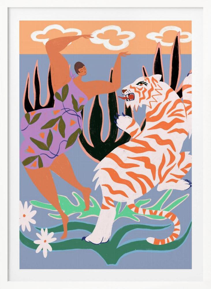 A stylized, colorful illustration depicting a woman in a purple, leaf-patterned dress dancing joyfully with a fierce white and orange tiger in a whimsical jungle setting. The background is light blue with large dark plants, and a peach-colored sky with white clouds is visible at the top. Decor