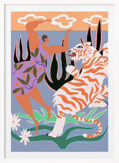 A stylized, colorful illustration depicting a woman in a purple, leaf-patterned dress dancing joyfully with a fierce white and orange tiger in a whimsical jungle setting. The background is light blue with large dark plants, and a peach-colored sky with white clouds is visible at the top. Decor