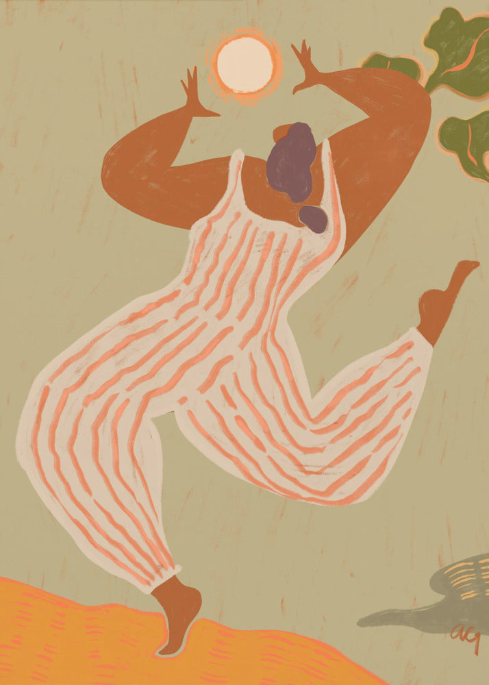 A stylized, painterly illustration of a woman with dark skin joyfully dancing or jumping. She wears a white and orange striped jumpsuit and raises her arms toward a bright sun against a muted green background. Print