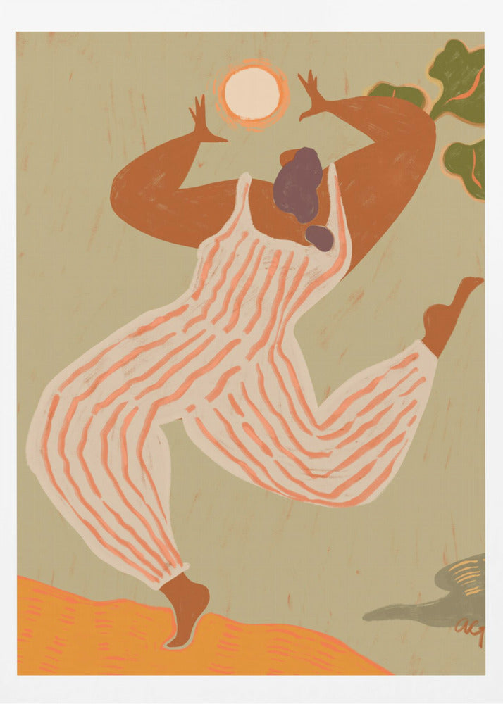 A stylized, painterly illustration of a woman with dark skin joyfully dancing or jumping. She wears a white and orange striped jumpsuit and raises her arms toward a bright sun against a muted green background. Print
