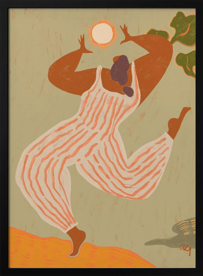 A stylized, painterly illustration of a woman with dark skin joyfully dancing or jumping. She wears a white and orange striped jumpsuit and raises her arms toward a bright sun against a muted green background. Print