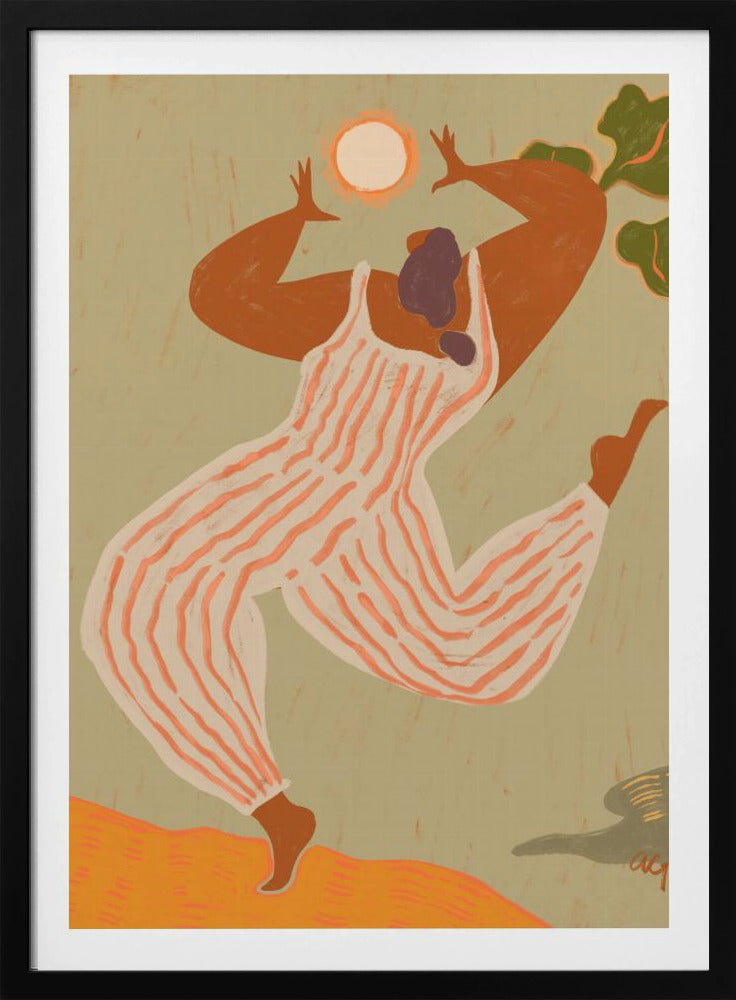A stylized, painterly illustration of a woman with dark skin joyfully dancing or jumping. She wears a white and orange striped jumpsuit and raises her arms toward a bright sun against a muted green background. Print