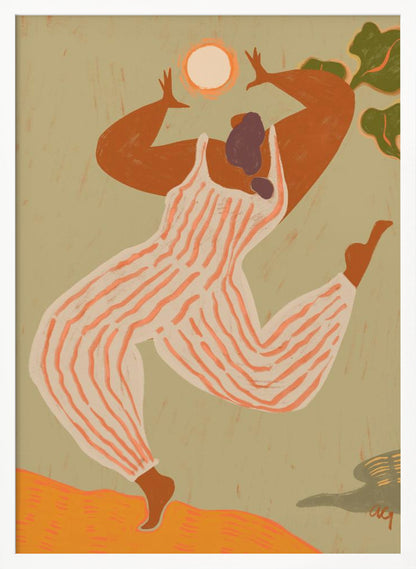 A stylized, painterly illustration of a woman with dark skin joyfully dancing or jumping. She wears a white and orange striped jumpsuit and raises her arms toward a bright sun against a muted green background. Print