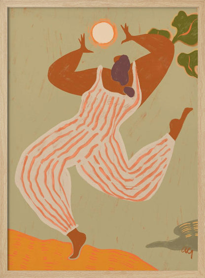 A stylized, painterly illustration of a woman with dark skin joyfully dancing or jumping. She wears a white and orange striped jumpsuit and raises her arms toward a bright sun against a muted green background. Print
