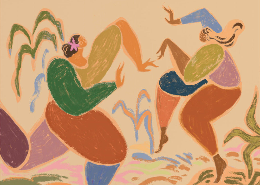 A framed piece of abstract figurative art depicting two women dancing amidst stylized plants. The artwork uses a warm, earthy color palette of beige, green, orange, blue, and purple, rendered in a textured, pastel-like style. The figures are composed of simplified, organic shapes, conveying a sense of joyful movement. Poster
