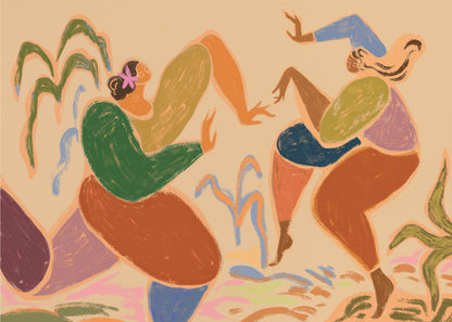 A framed piece of abstract figurative art depicting two women dancing amidst stylized plants. The artwork uses a warm, earthy color palette of beige, green, orange, blue, and purple, rendered in a textured, pastel-like style. The figures are composed of simplified, organic shapes, conveying a sense of joyful movement. Poster
