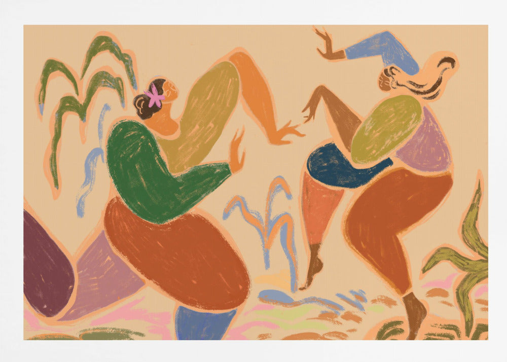 A framed piece of abstract figurative art depicting two women dancing amidst stylized plants. The artwork uses a warm, earthy color palette of beige, green, orange, blue, and purple, rendered in a textured, pastel-like style. The figures are composed of simplified, organic shapes, conveying a sense of joyful movement. Poster