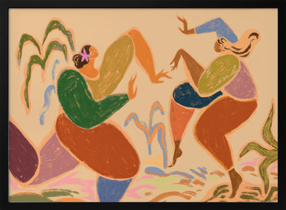 A framed piece of abstract figurative art depicting two women dancing amidst stylized plants. The artwork uses a warm, earthy color palette of beige, green, orange, blue, and purple, rendered in a textured, pastel-like style. The figures are composed of simplified, organic shapes, conveying a sense of joyful movement. Poster
