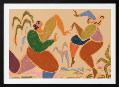 A framed piece of abstract figurative art depicting two women dancing amidst stylized plants. The artwork uses a warm, earthy color palette of beige, green, orange, blue, and purple, rendered in a textured, pastel-like style. The figures are composed of simplified, organic shapes, conveying a sense of joyful movement. Poster