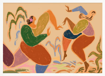 A framed piece of abstract figurative art depicting two women dancing amidst stylized plants. The artwork uses a warm, earthy color palette of beige, green, orange, blue, and purple, rendered in a textured, pastel-like style. The figures are composed of simplified, organic shapes, conveying a sense of joyful movement. Poster