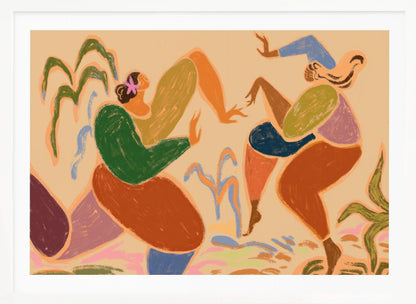 A framed piece of abstract figurative art depicting two women dancing amidst stylized plants. The artwork uses a warm, earthy color palette of beige, green, orange, blue, and purple, rendered in a textured, pastel-like style. The figures are composed of simplified, organic shapes, conveying a sense of joyful movement. Poster