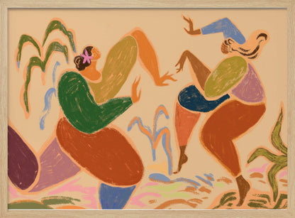 A framed piece of abstract figurative art depicting two women dancing amidst stylized plants. The artwork uses a warm, earthy color palette of beige, green, orange, blue, and purple, rendered in a textured, pastel-like style. The figures are composed of simplified, organic shapes, conveying a sense of joyful movement. Poster