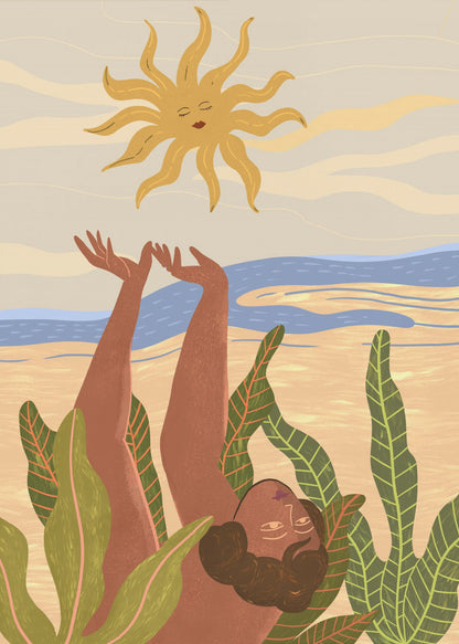 An art print titled 'Sun Worship' depicting a stylized sun, possibly with abstract or spiritual elements, in warm tones. Decor