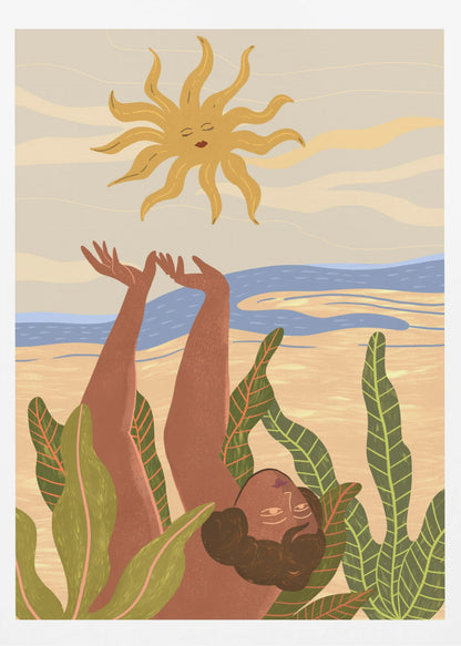 An art print titled 'Sun Worship' depicting a stylized sun, possibly with abstract or spiritual elements, in warm tones. Decor