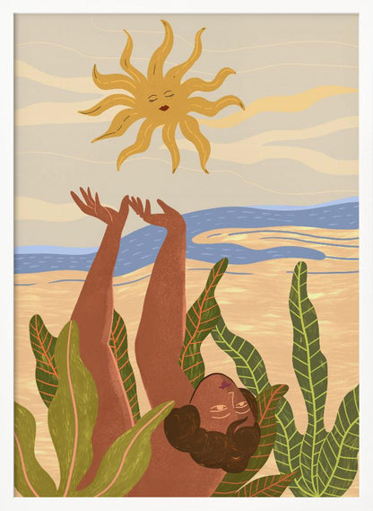 An art print titled 'Sun Worship' depicting a stylized sun, possibly with abstract or spiritual elements, in warm tones. Decor