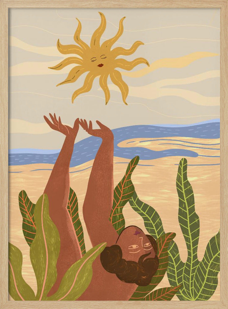 An art print titled 'Sun Worship' depicting a stylized sun, possibly with abstract or spiritual elements, in warm tones. Decor
